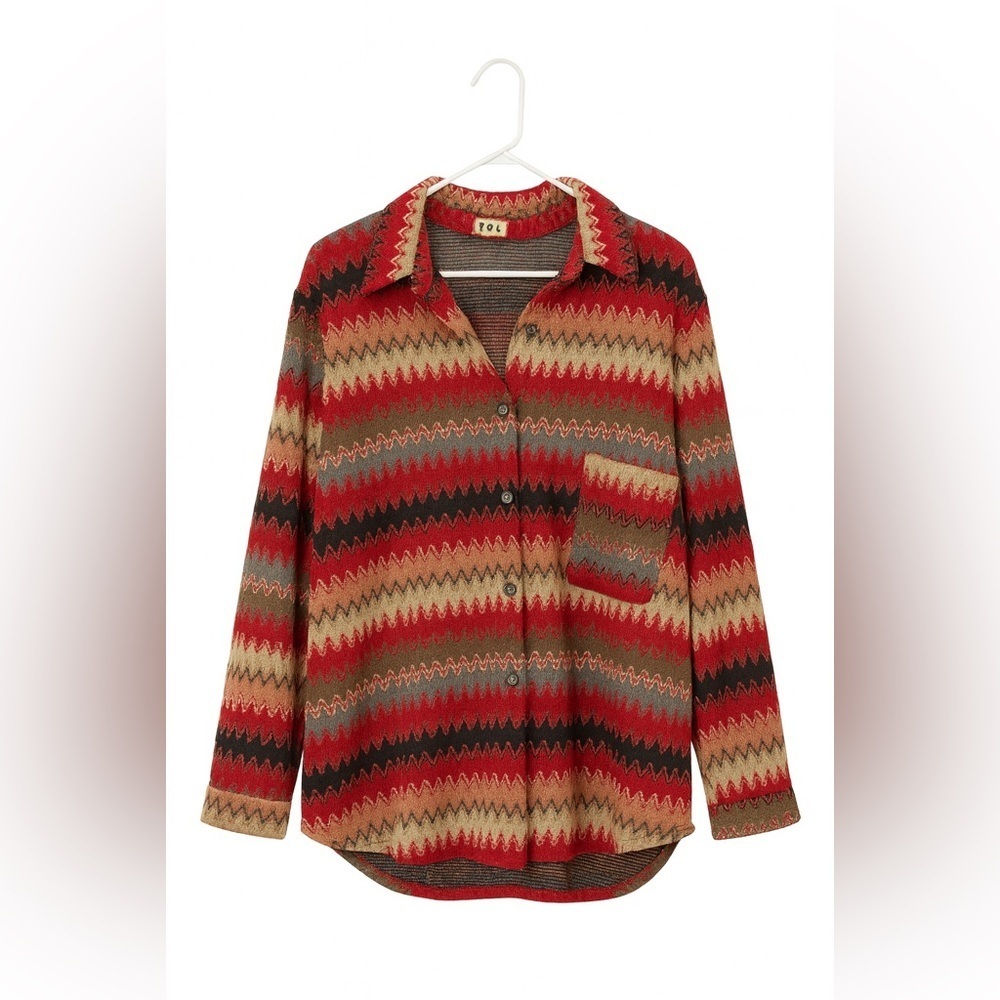 POL Zigzag Knit Button Front Shirt Cardigan, Size L